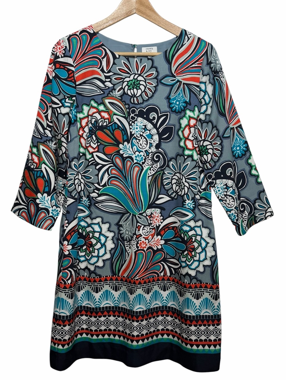 crown & ivy Gray Floral Geometric 3/4 Slv Shift Dress Pockets Teal Coral Sz 6